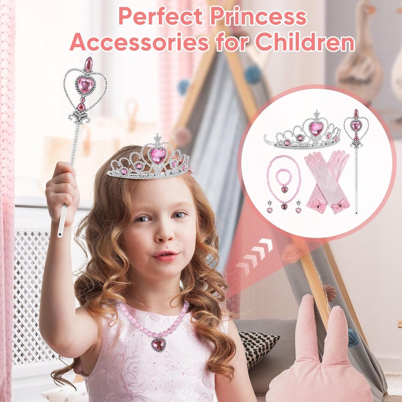 jayuwe 6 PCS Princess Dress Up Jewelry Set, Princess Crown Wand Gloves Necklace Earrings Bracelet for Girls Gifts Accessories - Image 3